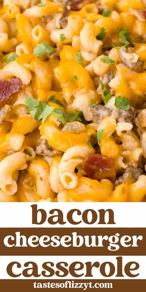 This comforting Bacon Cheeseburger Casserole takes just 20 minutes to prep. Perfect for busy weeknights, this family-favorite dish blends the classic flavors of a juicy bacon cheeseburger with the heartiness of a casserole. Leftover Bacon Recipes Dinners, Bacon Main Dish Recipes, Hamburger Bacon Casserole, Baked Bacon Cheeseburger Mac And Cheese, Hamburger Bacon Recipes, Bacon Cheese Burger Casserole, Loaded Bacon Cheeseburger Pasta, Cheese Burger Casserole, Recipes With Bacon