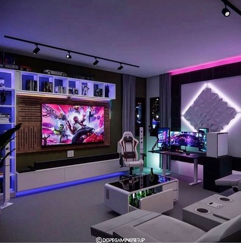 Collectors Room Ideas, Aesthetic Gaming Setup, Gaming Room Ideas, Aesthetic Gaming, Games Room Inspiration, Design Tips And Tricks, Home Recording Studio Setup, Small Game Rooms, Gaming Rooms