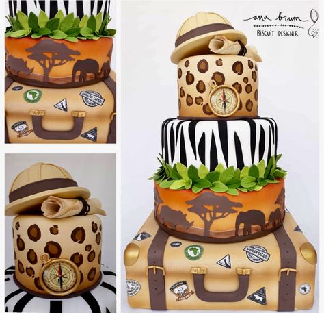 Bolo Fake Safari, Jungle Birthday Cakes, Jungle Theme Cakes, Safari Cake, Wild Birthday Party, Monkey Cake, Jungle Cake, Mickey Safari, Safari Cakes