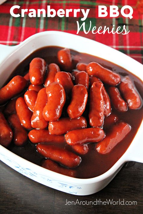 Cranberry BBQ Weenies are the perfect appetizer to use up leftover cranberry sauce. Bbq Weenies, Little Weenies Recipe, Pioneer Woman Lemon Bars, Spaghetti Sauce With Fresh Tomatoes, Sauce For Sushi, Lil Smokies Recipes, Mongolian Ground Beef Noodles, Ground Beef Noodles, Sauce With Fresh Tomatoes