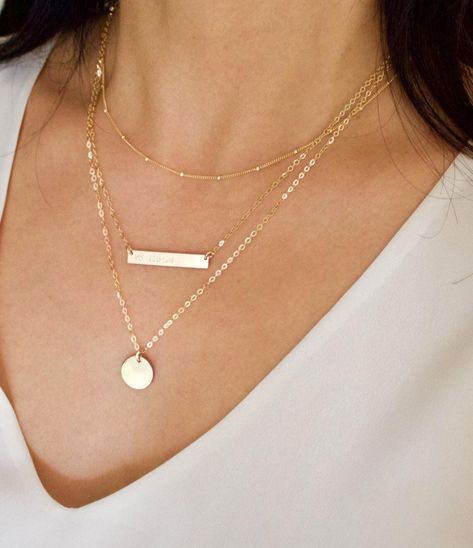 Bar Necklace Layered, Lingot D'or, Layering Necklaces, Hand Stamped Necklace, Necklace Initial, Gold Bar Necklace, Monogram Jewelry, Infinity Ring, Chain Extenders