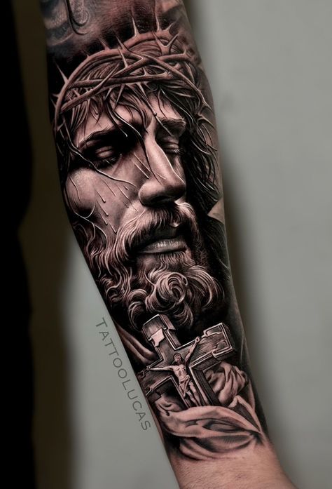 Jesus Sleeve Tattoo, Angle Tattoo For Men, Tattoo Jesus Cristo, Jesus Forearm Tattoo, Jesus Tattoo Ideas, Jesus Tattoo Sleeve, Religous Tattoo, Black Crow Tattoos, Angel Sleeve Tattoo