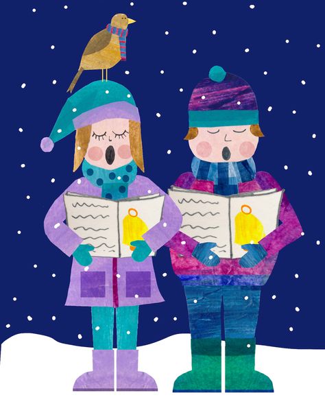 Tracey English | carol singers doing what they do best……. #carolsingers #festive #cutpapercollage #traceyenglish #illustration #collag Christmas Carol Paintings, Carol Singers Illustration, Advent Windows, People Artwork, English Illustration, Tracey English, Carol Singers, Cutout Art, English Cut