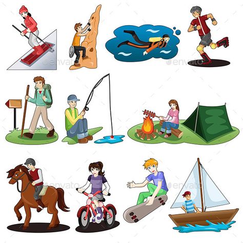 A vector illustration of active people doing outdoor activitiesA vector illustration of active people doing outdoor activities Surf Logo, Kids Outdoor Play, Outdoor Activities For Kids, Camping Theme, Recreational Activities, Leisure Activities, Cartoon Images, Stick Figures, Winter Fun