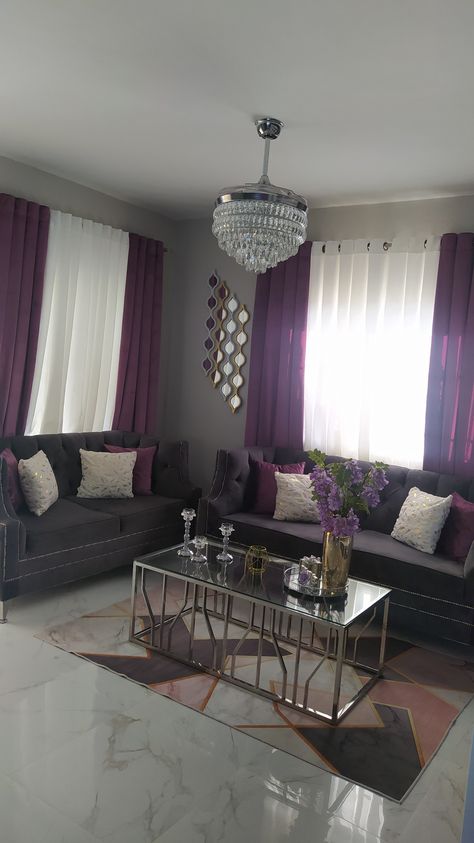 Living Room Designs Purple And Grey, Black White Gold Purple Living Room, Purple And Black Living Room, Purple And Gold Living Room, Purple And Gray Living Room, Purple Curtains Living Room, Grey And Purple Living Room, Purple Living Room Decor, Purple Living Room Furniture