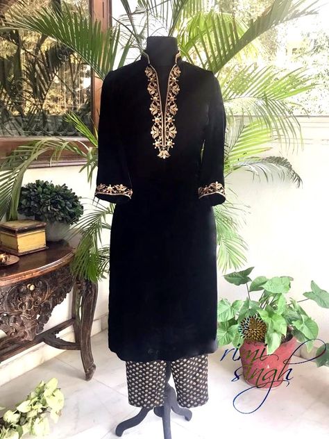 The best preparation for tomorrow is doing your best today.  Black velvet kurta with hand embroidery on the neckline and sleeve paired with matching brocade pants.  Available exclusively at  Rimi Singh Studio A 999 Sushant Lok 1  Gurgaon  #9818310054 Velvet Kurta With Brocade Pants, Velvet Suit With Brocade Pants, Black Velvet Suits Women Indian, Velvet Kurti Design, Velvet Suits Women Indian, Anjul Bhandari, Celebrity Suits, Velvet Salwar, Brocade Pants