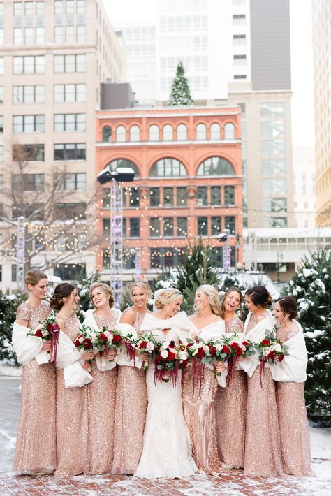 Rose gold bridesmaid dresses Gold Bridesmaid Dresses Winter, Rose Gold Sequin Bridesmaid Dress, Rose Gold Bridesmaid Dress, Gold Winter Wedding, Winter Wedding Bridesmaids, Spring Bridesmaid Dresses, Beaded Bridesmaid Dress, Winter Bridesmaids, Winter Bridesmaid Dresses