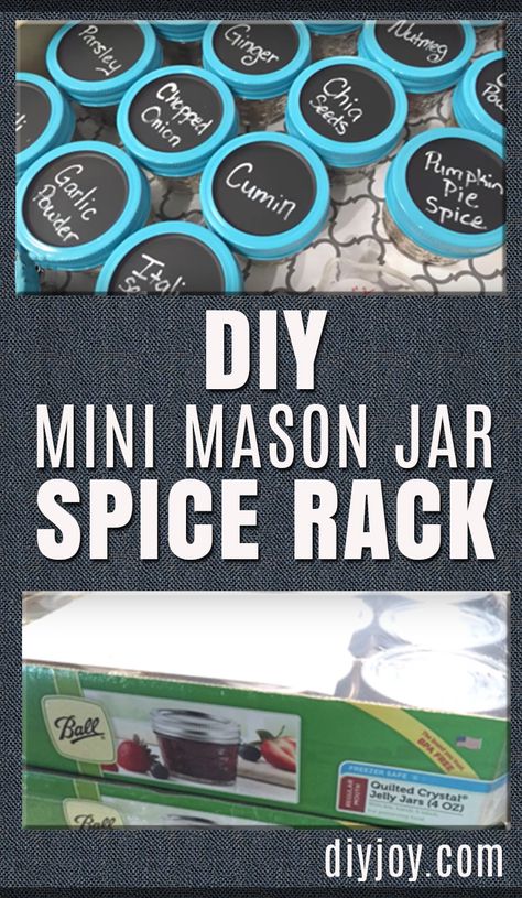 DIY Mason Jar Spice Rack - Easy DIY Projects and Crafts for the Kitchen and Home Decor - Cheap Decorating Ideas for Rustic Farmhouse Decor - Cool Organizing Hacks and Ways To Get Organized on A Budget Mason Jar Spice Rack, Diy Mason Jars, Diy Farmhouse Ideas, Diy Farmhouse Decoration, Mini Mason Jar, Farmhouse Decor On A Budget, Diy Spices, Mini Mason Jars, Small Mason Jars