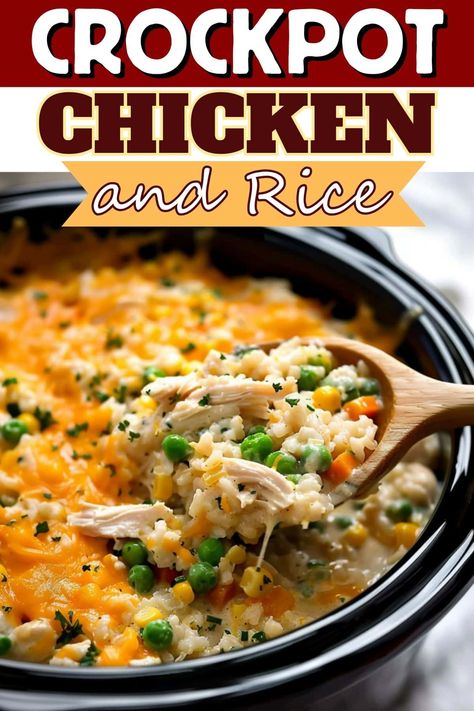 Looking for an easy dinner? This Crockpot chicken and rice can't be topped! It's creamy, hearty, satisfying, and comes together in a snap! Easy Chicken And Veggie Crockpot Recipes, Low Ingredient Chicken Crockpot Recipes, 3 Hour Chicken Crockpot Recipes, One Pot Crockpot Meals Chicken, Crockpot Rice A Roni And Chicken, Chicken Gravy Rice Crockpot, Crockpot Recipes Using Leftover Rotisserie Chicken, Chicken And Pepper Recipes Crock Pots, Easy Crockpot Recipes With Frozen Chicken