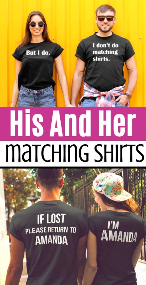 If you are someone who is into the whole couple t shirt thing, then you’ve come to the right place. Matching shirts for duos and matching couple shirts are just the cutest. I am sorry. I am owning this. I truly do enjoy whenever I see people walking around wearing boyfriend girlfriend shirts.  #style #relationships Matching Couple Tee Shirts, Cute Couples Shirts Ideas, Couple Matching Shirts Ideas, Couples Tshirts Ideas, Post Prom Shirts For Couples, Couples Shirts Funny Svg, Couple T Shirts Matching, Funny Couples Shirts Hilarious, Couple Vacation Shirt Ideas