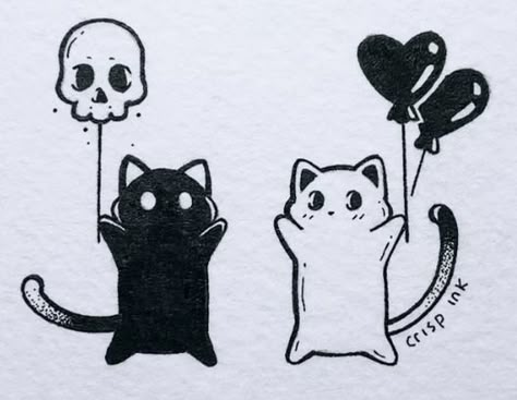 Best Friend Opposite Tattoos, Opposite Aesthetic Best Friends, Flowers In Mouth, Goth Matching Tattoos, Opposite Best Friend Tattoos, Opposite Tattoos, Cute Cat Drawing Doodles, Cat Doodle Tattoo, Balloons Tattoo