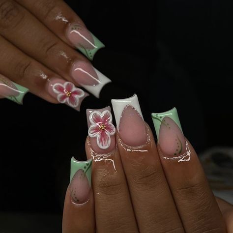 Pink And Green Nails Design, Cute Green Nails, Acrylic Nails Design, Hawaii Nails, Hard Gel Nails, Hippie Nails, Hard Nails, Simple Gel Nails, Summery Nails