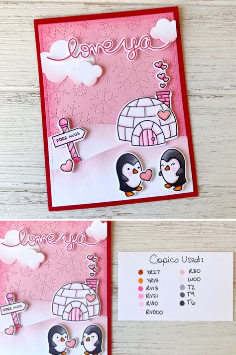 Pink, red, and white Valentine's Day card with two penguins in front of an igloo. The card has script lettering that says, love ya Lawn Fawn Valentines Day Cards, Lawn Fawn Valentine Cards, Handmade Valentine Cards, Friend Valentine Card, Cute Valentines Day Cards, Diy Valentines Cards, Friends Valentines, Valentine Cards Handmade, Lawn Fawn Stamps