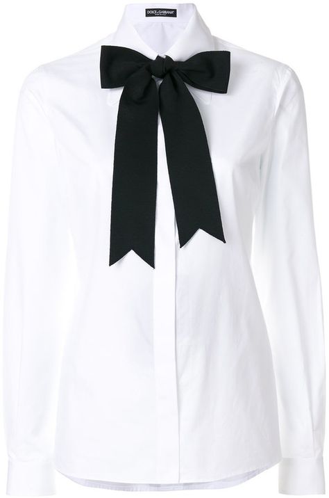 Dolce & Gabbana bow tie shirt. I wish I wore more stuff like this. afflink White Collar Shirt, White Collared Blouse, Bow Tie Shirt, Long Sleeve Cotton Tops, White Cotton Blouse, White Shirt Blouse, White Collared Shirt, White Long Sleeve Blouse, Bow Shirts