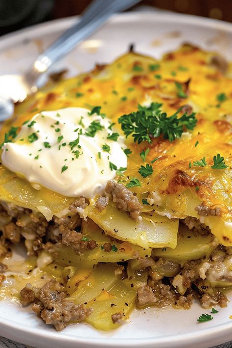 Beef and Potato Bake Casserole Meat And Potatoes Casserole, Meat And Potato Casserole, Beef Potato Casserole, Roast Beef And Potatoes, Slow Cooker Salisbury Steak, Au Gratin Potato Recipes, Cheddar Potatoes, Au Gratin Recipes, Leftover Beef