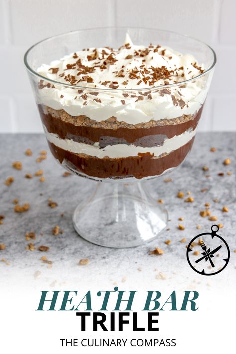 This Heath Bar Trifle combines all of your favorites! It's got layers of chocolate pudding, brownies, Heath Bars and Cool Whip. What more could you want? Heath Bar Truffle Dessert, Heath Bar Trifle Recipe, Heath Bar Trifle, Heath Desserts, Heath Bar Recipes, Heath Bar Dessert, Pudding Brownies, Brownie Trifle Recipe, Trifle Bowl Recipes