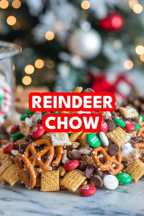 A photo of a  Reindeer Chow a christmas snack mix recipes Reindeer Chow Recipe Holidays, Holiday Reindeer Chow, Check Mix Recipes Christmas Chex Cereal, Christmas Reindeer Chow, Reindeer Snack Mix Recipes, Christmas Popcorn Mix Recipes, Reindeer Mix Recipe, Christmas Mix Snack, Reindeer Chex Mix Recipes