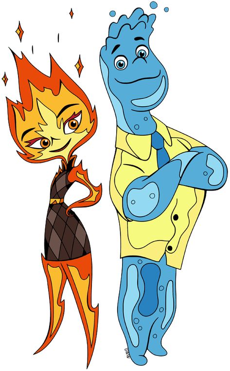 Clip art image of Ember and Wade from Disney Pixar's Elemental Elemental Characters Pixar, Elemental Coloring Pages, Elemental Drawing Disney, Elemental Sketch, Elemental Cartoon, Elemental Painting, Elemental Character Design, Elemental Drawing, Elemental Ember And Wade