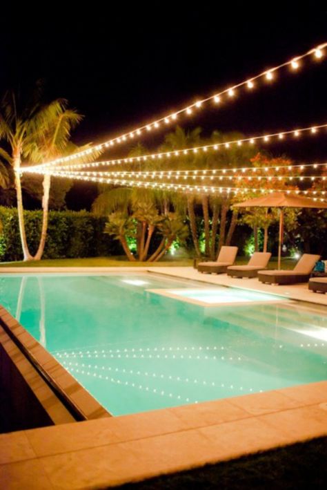 string lights over pool - Google Search Pool Lights, Backyard Lighting, Dream Pools, Pool Decor, Pool Light, Pool Time, Pool Bar, Dream Backyard, Outdoor Swimming