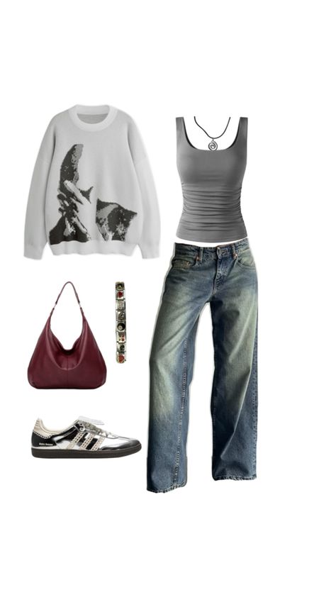 ahs style, jeans, iutfit, tank top, grey, wales bonner samba, samba silver, adidas samba Wales Bonner Samba, Ahs Style, Silver Adidas, Sambas Adidas, Samba Outfit, London Outfit, Wales Bonner, Outfit Inspo Casual, Red Bag