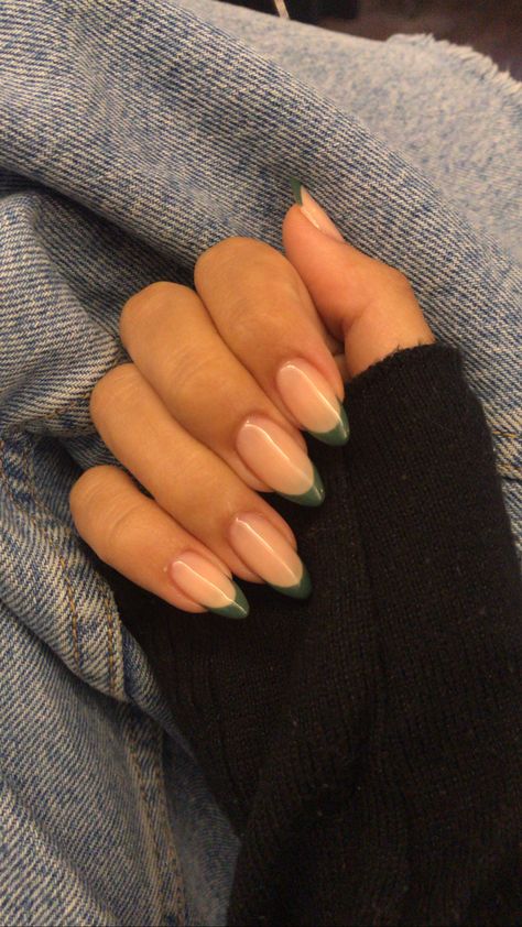 Pine Green French Tip Nails, Green French Top Acrylic Nails, French Nails For Dark Skin, Dark Green Almond Nails French Tip, Deep Green French Tip Nails, Nails To Match Dark Green Dress, Olive Green French Nails, French Nails Green Tips, Army Green French Tip Nails