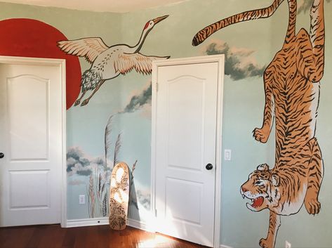 Tiger Wall Mural, Painting Murals On Walls, Tiger Mural, Crane Painting, Bedroom Mural, Bedroom Murals, Cat Cafe, Bedroom Paint, Traditional Paintings