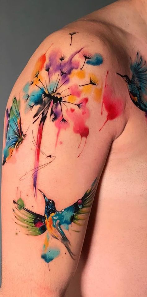 Watercolor Butterfly Tattoo, Feminine Shoulder Tattoos, Colour Tattoo For Women, Flower Shoulder Tattoo, Watercolor Hummingbird, Watercolor Tattoo Flower, Watercolor Tattoos, Forearm Tattoo Women, Tatuaje A Color