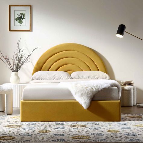 Mustard Yellow Headboard, Boucle Storage, Fluted Headboard, Yellow Headboard, Yellow Ottoman, Boucle Chair, India Architecture, King Storage Bed, Headboard Design