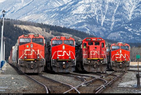 RailPictures.Net Photo: CN 2100 Canadian National Railway GE C40-8 (Dash 8-40C) at Jasper, Alberta, Canada by Tim Stevens Jasper Alberta, Canadian National Railway, Railroad Photography, Railroad Photos, Train Photography, Train Pictures, Rolling Stock, Snow Mountain, Winter Scenery