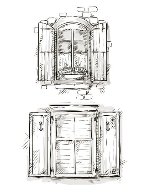 Cottage Window Drawing, Old Window Design, Window Blinds Drawing, Window Seal Drawing, Window Sketch Architecture, Old Window Drawing, Window Aesthetic Drawing, How To Draw A Window, Window Drawing Reference