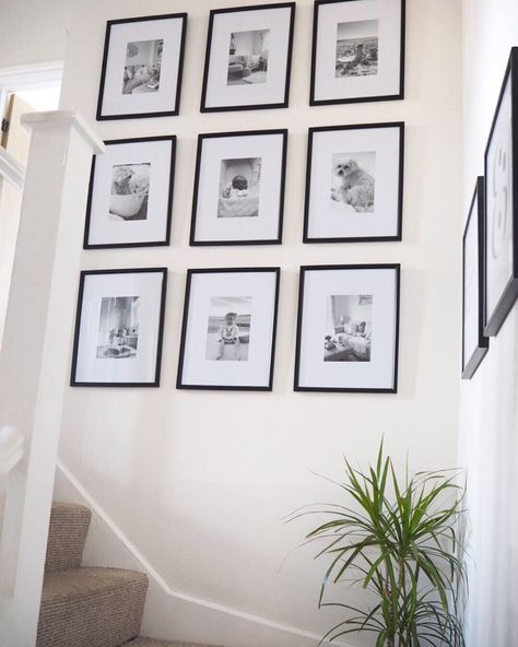 Diy gallery wall layout featuring nine large prints on a stairs wall. Tutorial showing exactly how to cut your own mounts and printable template with all the measurements you’ll need to create your own gallery wall Gallery Wall Tutorial, Stairway Gallery, Stairway Gallery Wall, Gallery Wall Template, Photo Gallery Wall, Gallery Wall Staircase, Small Gallery Wall, Gallery Wall Design, Cadre Diy