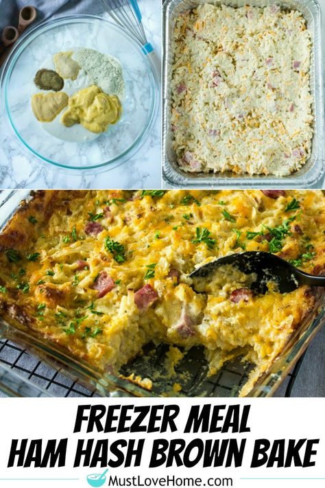 Freezer Meal Ranch Ham Hash Brown Bake -filled with ham, cheddar cheese, ranch dressing spices and hash brown potatoes, this is an easy to make family freezer dinner with only a few minutes of prep. Ham Hash, Family Freezer, Freezer Dinners, Ham Potato, Ham Casserole, Freezable Meals, How To Cook Ham, Yummy Casseroles, Freezer Meal