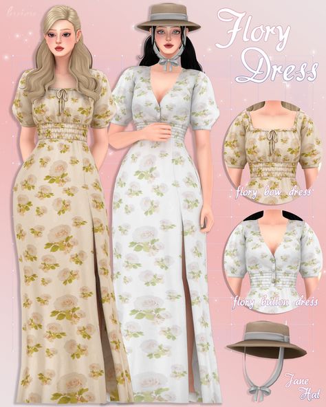 Flory Dress + Jane Hat | HuiEn on Patreon Cottage Clothing, The Sims 4 Custom Content, Cc Packs, Cottage Dress, Sims 4 Cc Kids Clothing, Cottagecore Clothes, Sims 4 Mm Cc, Sims 4 Cc Folder, Casas The Sims 4