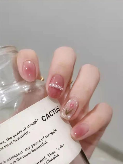 Pink  Collar   Floral 3D Nails Embellished   Beauty Tools Korean Nail Art For Short Nails, Short Korean Nail Art, Korean Nail Art Spring, Spring Korean Nails, Short Korean Nail Designs, Korean Nail Art Short Nails, Nail Art Simple Elegant Natural, Blush Nails Korean, Korean Nail Art Simple