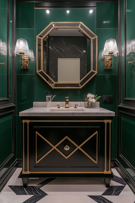 This luxurious green and gold bathroom offers modern bathroom ideas that are both elegant and sophisticated. The sleek design features a statement mirror and chic lighting fixtures, creating a stunning focal point. #HomeDecor #BathroomDesign #LuxuryBathroom Gold Accent Mirror, Green Black Gold Bathroom, Emerald Green Black And Gold Bathroom, Green And Gold Wallpaper Bathroom, Green And Gold Restroom, Dark Green And Gold Bathroom, Emerald Green And Antique Gold Mirror, Statement Mirror, Chic Lighting