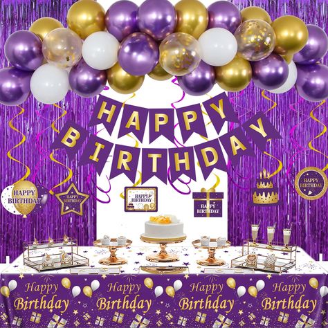 PRICES MAY VARY. 🔮 65Pcs Birthday Party Supplies: This package will get the girls ready to party with Purple "HAPPY BIRTHDAY" banner, 1 x Happy Birthday Tablecloth,3 x 12" Gold Confetti Balloons , 25 x 10" latex balloon(10xPurple, 10 x Gold,5 x White), 2 x Purple Foil Fringe Curtains, 6 x Purple single tailhanging swirls, 6 x Gold double-tailed hanging swirls, 6 x Birthday Pendants, 1x Balloon Dot Glue, 1x Ribbon, 1x Arch strip 🔮 Easy to Assemble:The girl birthday party decorations is very eas Purple Gold Birthday, Anniversary Party Decor, Purple Happy Birthday, Purple Party Decorations, Gold Birthday Party Decorations, Gold Birthday Decorations, Fringe Curtains, 16th Birthday Decorations, Girls Birthday Party Decorations