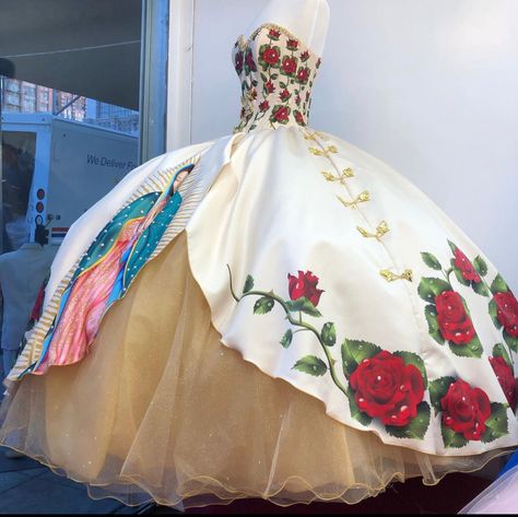 Multi Colored Quinceanera Dresses, Virgen Mary Quince Dress, Charo Dress For 15, Embroidery Quinceanera Dresses, Rancho Quinceanera Dress, Mexico Quinceanera Dresses, Mexican Dresses Quinceanera, Chorro Quince Dresses, Vaquera Quinceanera Dress