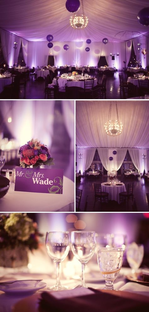 Outdoor Purple Wedding, Purple Wedding Reception, Purple White Wedding, Ceiling Drapes, Reception Lighting, Wedding App, Purple Lighting, Plum Wedding, Rustic Wedding Decorations