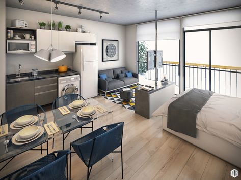 Apartemen Studio, Small Studio Apartment Decorating, Tiny Studio Apartments, Studio Apartment Design, Studio Apartment Living, Studio Loft, Small Apartment Interior, Decor Studio, Live Big