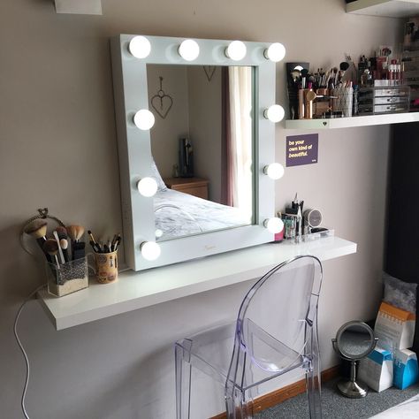 DIY Makeup Vanity for small spaces. Made with a floating shelf from Bunnings I have since added other shelves & a lighter mirror. It's coming along well. I love it. #diymakeupvanity Mini Vanity Small Spaces Closet, Wall Shelf For Makeup, Makeup Vanity Shelf Ideas, Floating Makeup Shelf, Floating Shelf Vanity Diy, Vanity Ideas Bedroom Small Spaces, Floating Shelf Vanity Bedrooms, Floating Shelf Makeup Vanity, Diy Vanity Ideas Bedroom