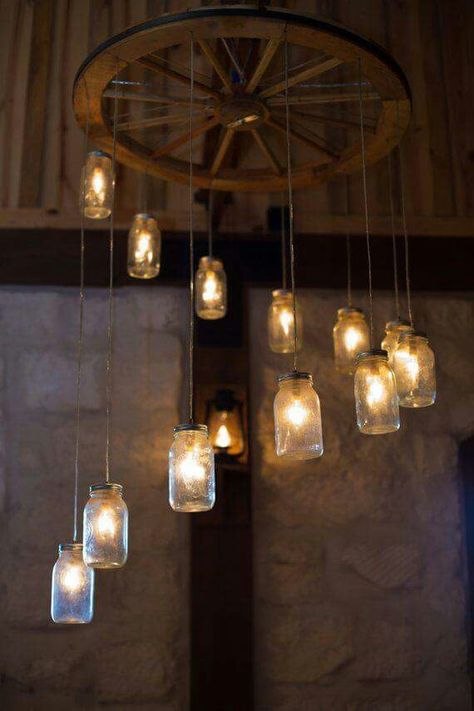 Lights Roda Gerobak, Mason Jar Lights, Diy Luminaire, Jar Chandelier, Mason Jar Chandelier, Barn Dance, Diy Lampe, Lights Hanging, Country Wedding Decorations