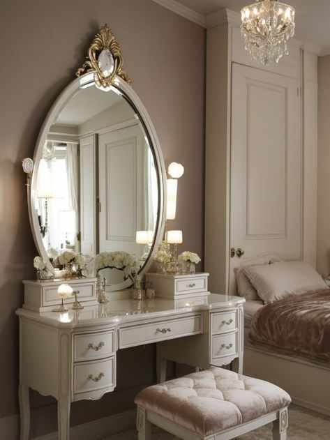 Parisian Vanity Table, Vanity Mirror In Bedroom, Vanity With Vintage Mirror, Small Vanity Ideas Bedroom Vintage, Makeup Desk Vintage, Old Money Vanity Aesthetic, Dressing Table Ideas Vintage, Makeup Vanity Antique, Bedroom Inspirations Vanity