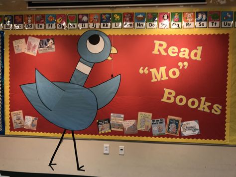 Pigeon board Pigeon Bulletin Board, Pigeon Bulletin Board Ideas, Piggie And Elephant, Book Bulletin Board, School Library Bulletin Boards, Seasonal Bulletin Boards, Library Door, Pigeon Books, Classroom Door Displays