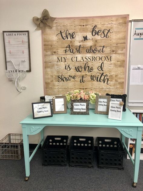 I love how my classroom photos table and board turned out. Farmhouse classroom decor. Teacher Desk Organization, Classroom Decor Middle, Farmhouse Classroom, Classroom Goals, Classroom Decor High School, Classroom Makeover, Classroom Decor Themes, 4th Grade Classroom, Classroom Gifts