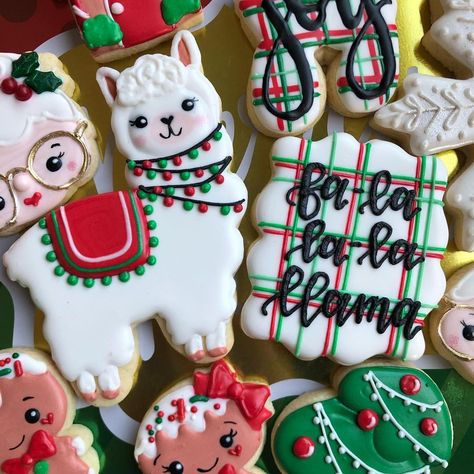 Priscilla and Angela on Instagram: “Deck the halls with boughs of holly... . . . . . #customcookies #customsugarcookies #sugarcookies #decoratedcookies #cookiedecorating…” Llama Cookies, Christmas Fiesta, Christmas Llama, Boughs Of Holly, Christmas Cookie Jars, Cutout Cookies, Llama Christmas, Cookie Decorating Party, Mexican Christmas