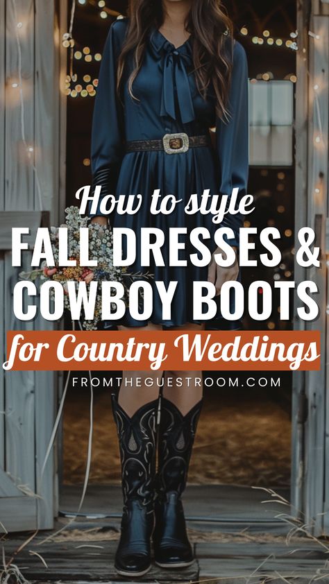 a woman wears fall dress and cowboy boots for country wedding, western outfits Satin Slip Dress With Cowboy Boots, Cowboy Casual Wedding Attire, Cowboy Boots And Maxi Dress, Western Dresses Wedding Guest, Outfits With Tall Cowgirl Boots, Dresses And Tall Boots, Dressed Up Cowgirl, Country Wedding Dresses Guest Cowboy Boots, Wedding Guest Dress With Black Cowboy Boots