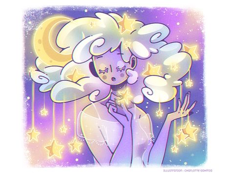 Cloud Hair - Night time by Charlotte on Dribbble Cloud Hair Drawing, Cloud Character Design, Cloud Princess, Cloud Character, How To Draw Clouds, Cloud Hair, Webtoon Ideas, Oc Board, Character Drawings