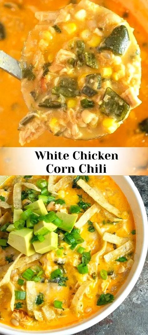 This delicious White Chicken Corn Chili is easy to make and is packed with chicken, white beans, chili peppers, corn, and a spice blend you are going to LOVE! Chili With Corn, Fire Roasted Corn, Corn Chili, Chicken Chilli, Chicken Corn, White Chicken Chili, White Chicken, Chicken Chili, Chili Peppers