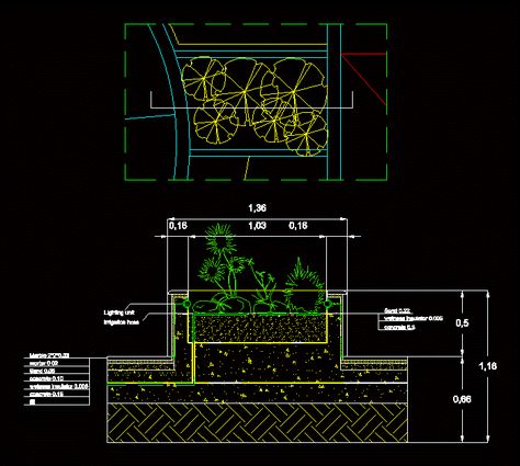 Box Detail Flowers DWG Detail for AutoCAD • Designs CAD Rooftop Garden Section Detail, Landscape Architecture Detail Drawing, Architect Tips, Garden Drainage, Lighting Drawing, Rooftop Planters, Details Drawing, Box Architecture, Landscape Details