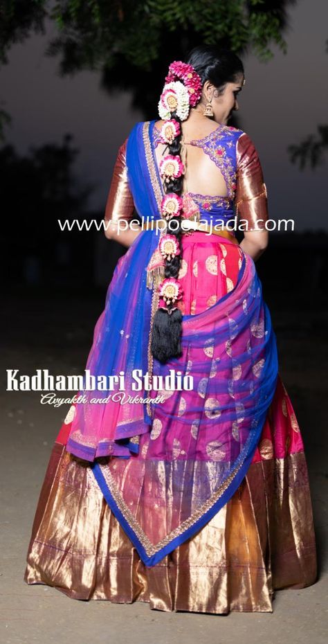 Kanchipattu Lehenga, Poola Jada, Bridal Hairstyle Indian Wedding, Half Saree Function, Lehenga Saree Design, Half Saree Lehenga, Half Sarees, Wedding Saree Blouse, Wedding Saree Blouse Designs